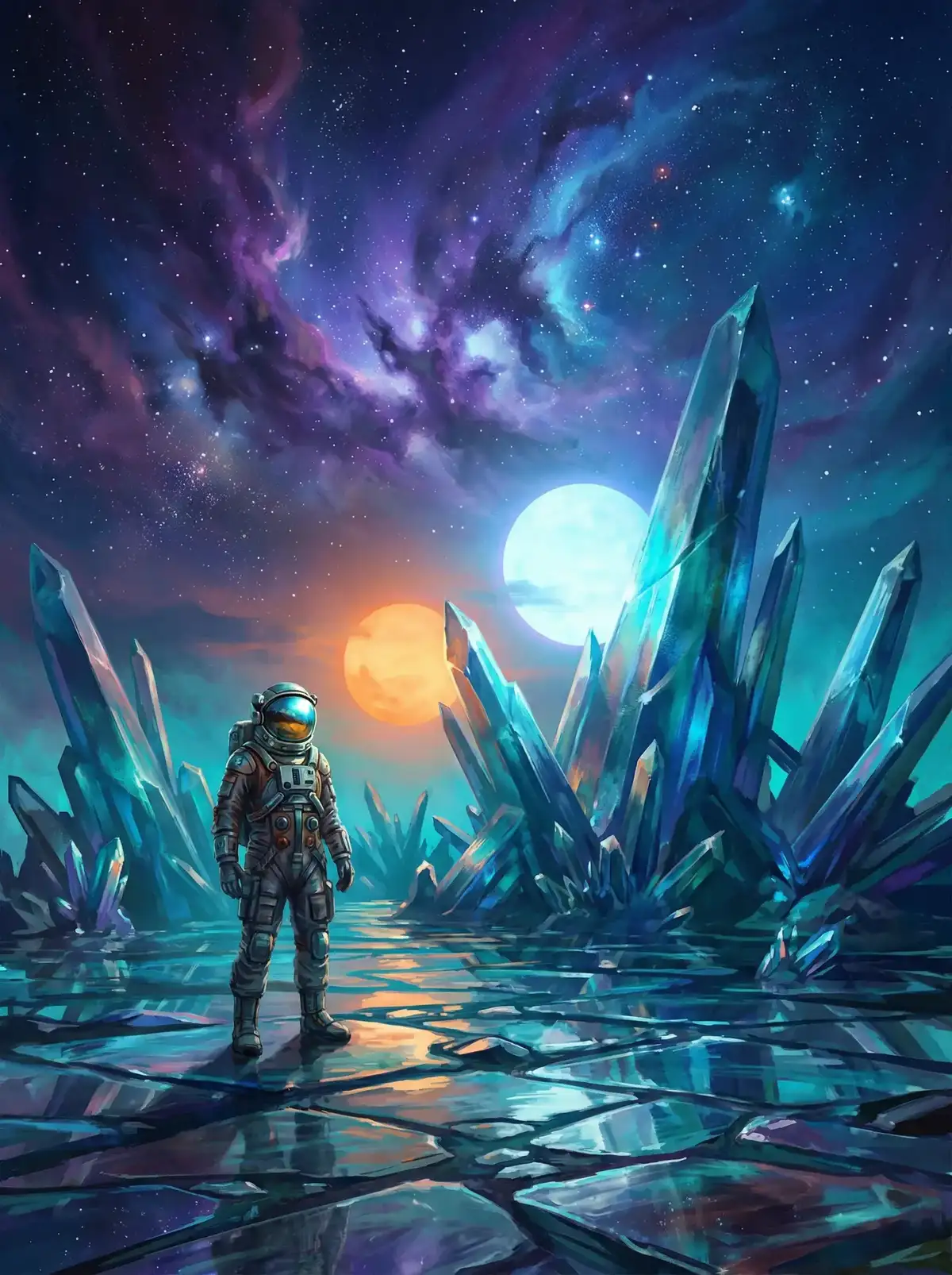 四虎| - 异星探索者在结晶星球表面行走